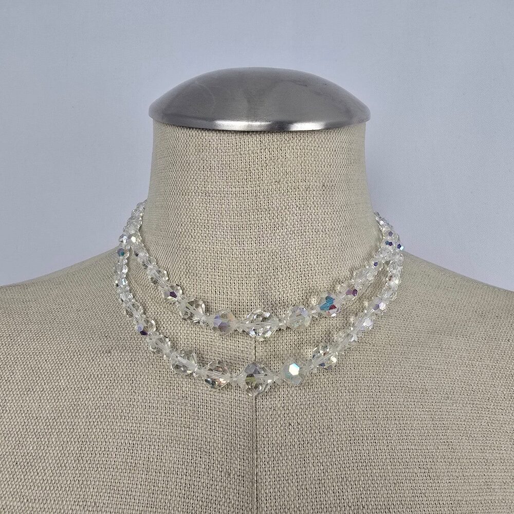 Vintage Crystal Beaded Necklace Aurora Borealis Multi Strand Sparkle Statement